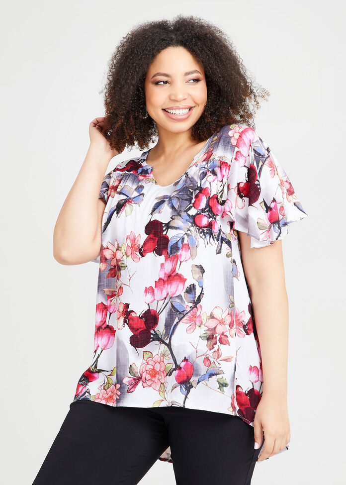Floral Flutter Sleeve Top, , hi-res