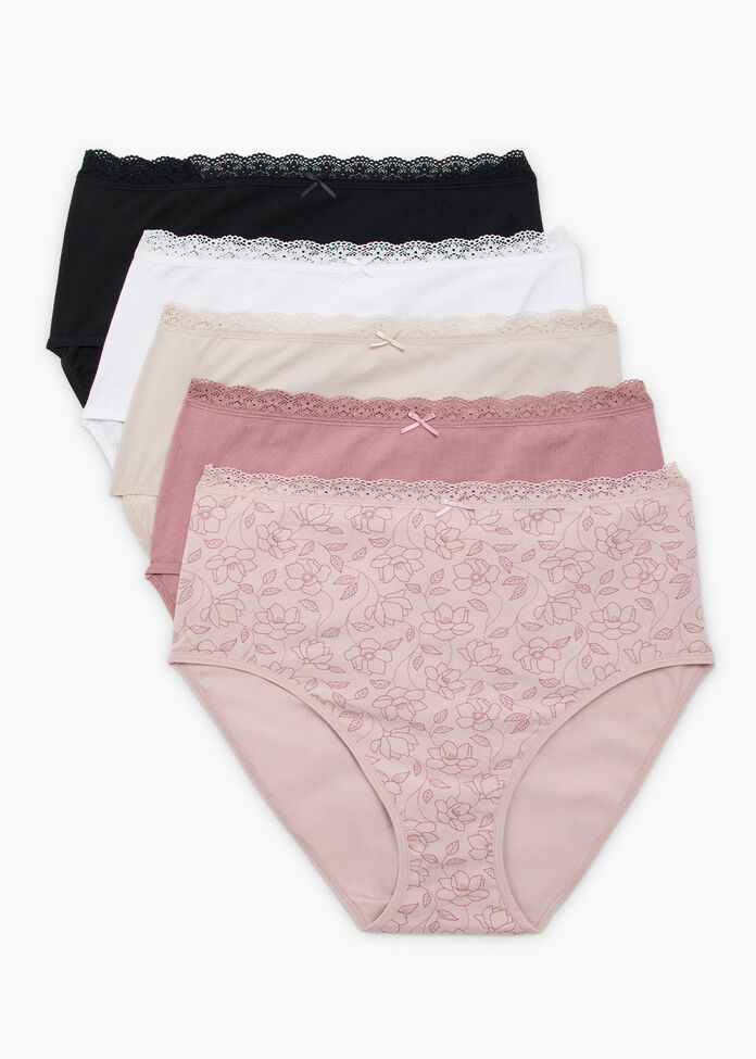 5 Pack Cotton Floral Lace Briefs, , hi-res