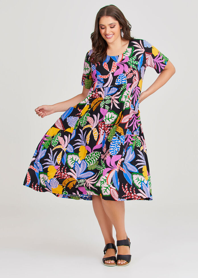 Natural Abstract Palm Dress, , hi-res
