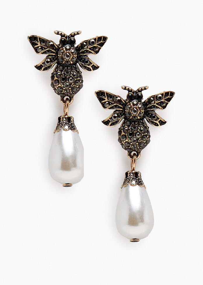 Crystal Bee And Pearl Earrings, , hi-res