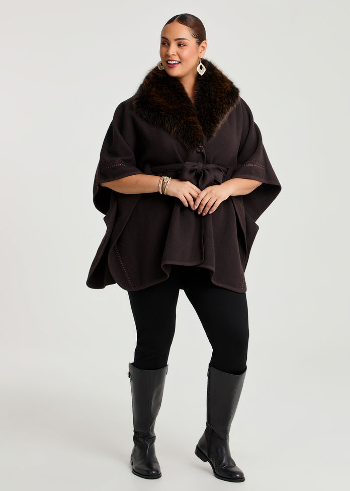 Embroidered Fur Tie Up Cape, , hi-res