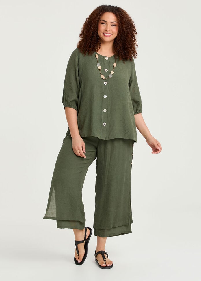 Natural Balloon Sleeve Button Top, , hi-res