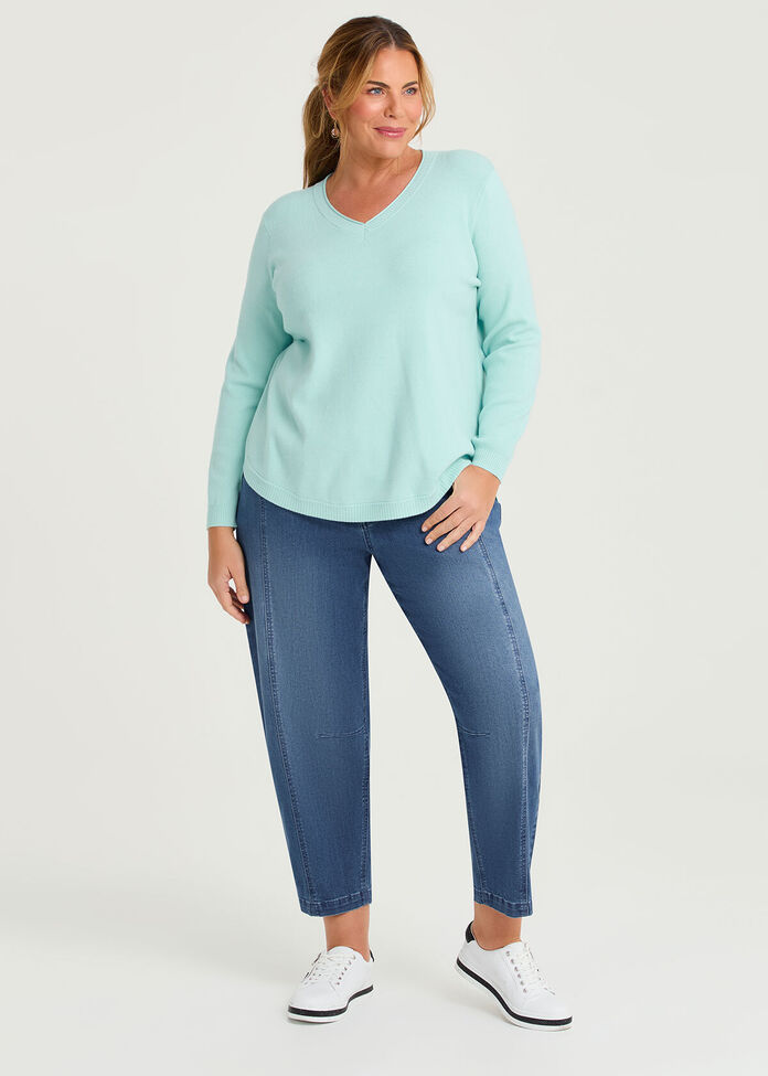 Curved Hem V-neck Jumper, , hi-res
