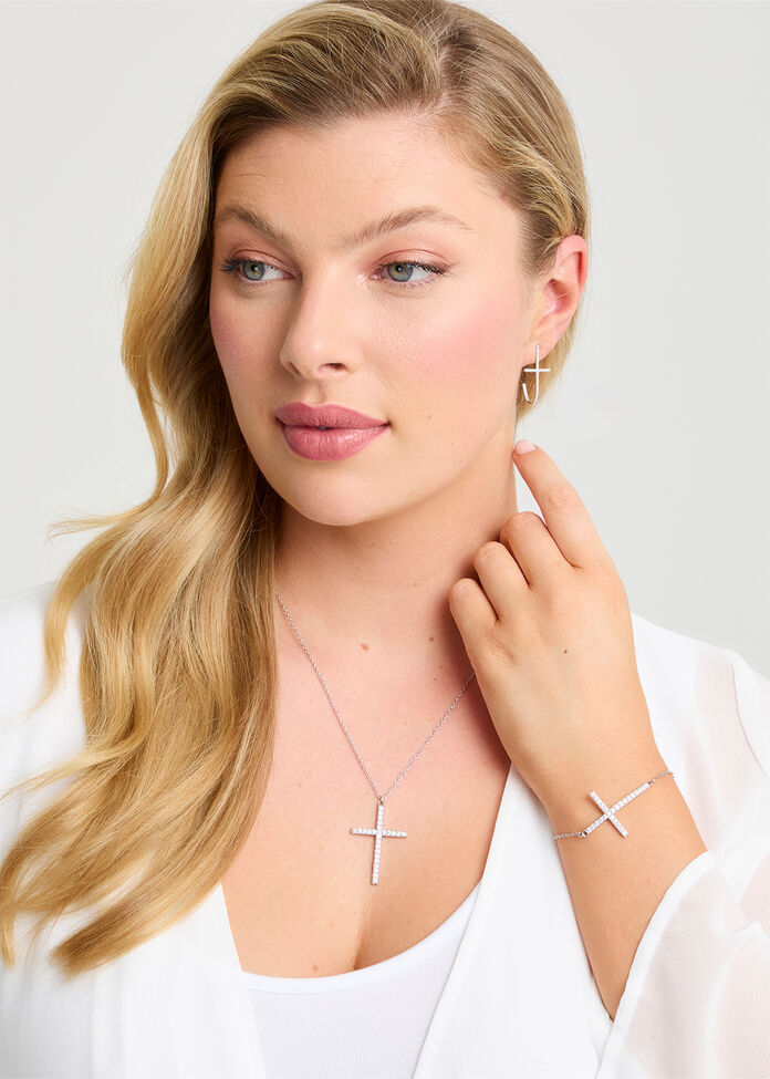 Diamante Cross Hoop Earrings, , hi-res