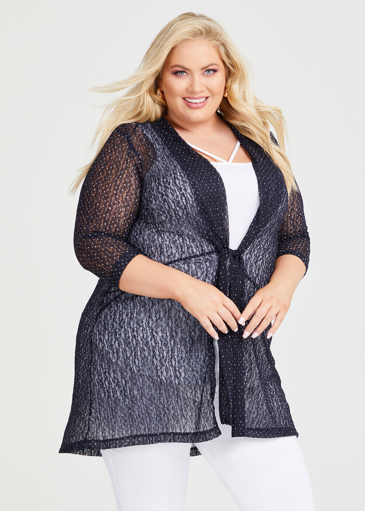 Shop Plus Size Tie Front Long Cardigan in Blue Taking Shape AU