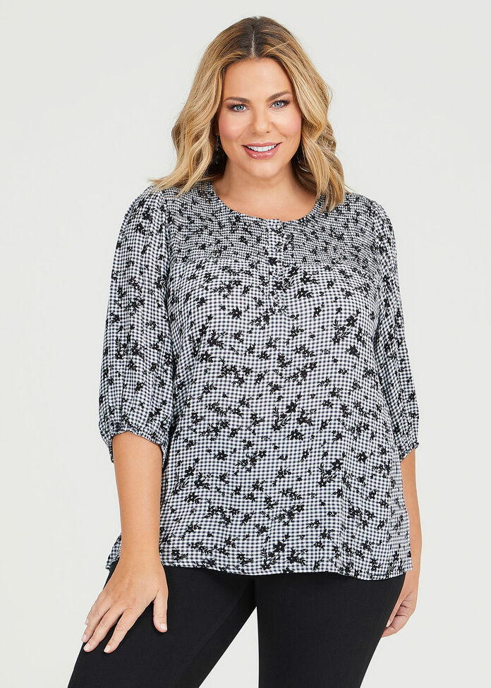 Natural Gingham Floral Top, , hi-res