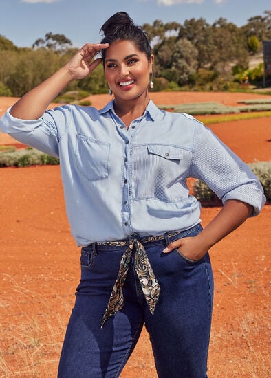 Plus Size Natural Chambray Spliced Shirt