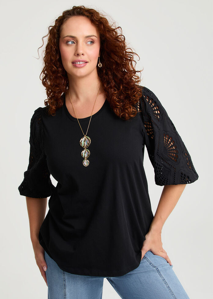 Cotton Broderie Sleeve Top, , hi-res