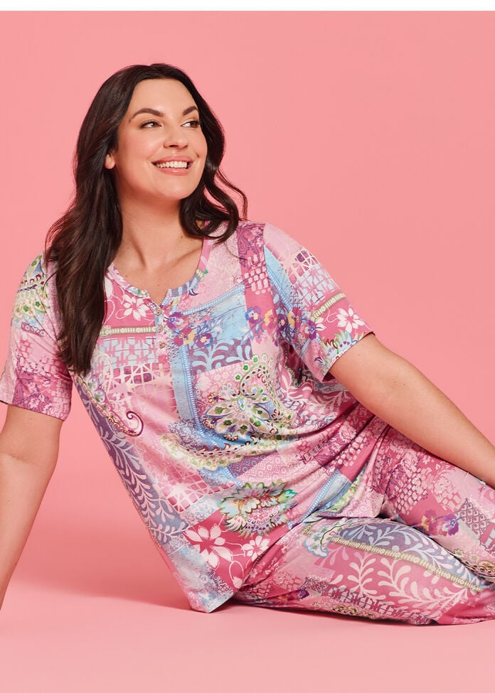 Bamboo Patchwork Pyjama 3/4 Pant, , hi-res