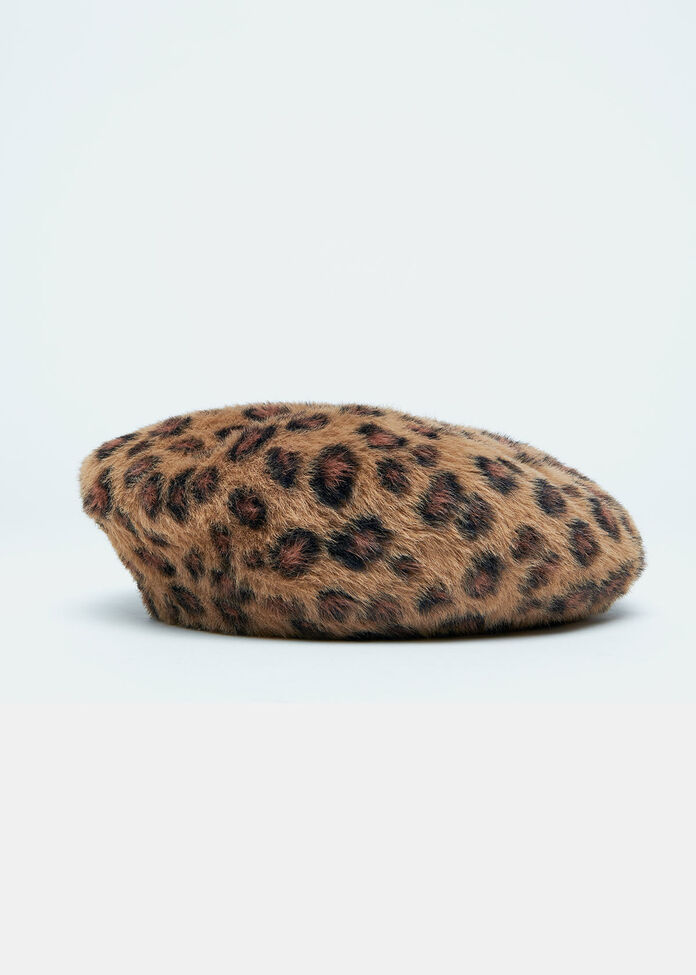 Leopard Fuzzy Knit Beret, , hi-res