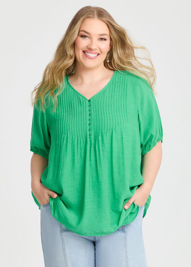 Plus Size Natural V-neck Pintuck Top