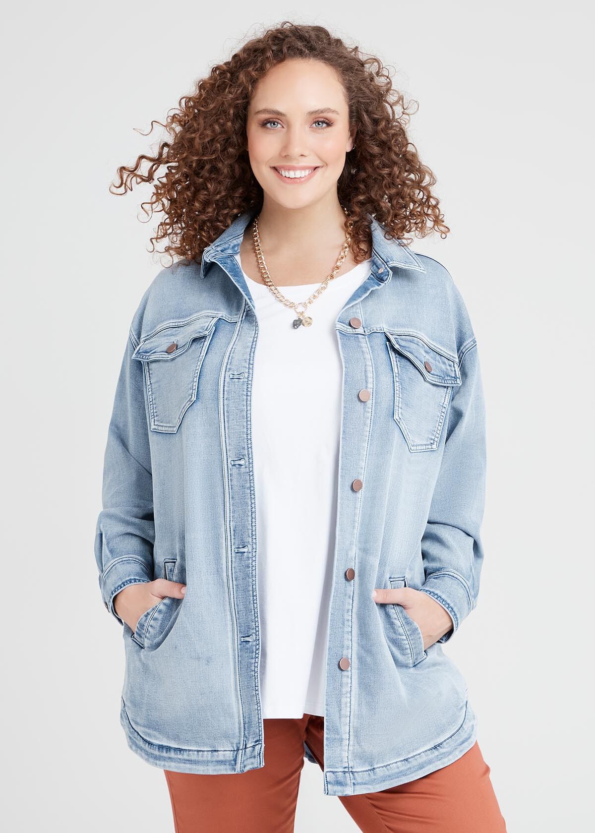 Shop Plus Size Girlfriend Denim Shacket in Blue Taking Shape NZ
