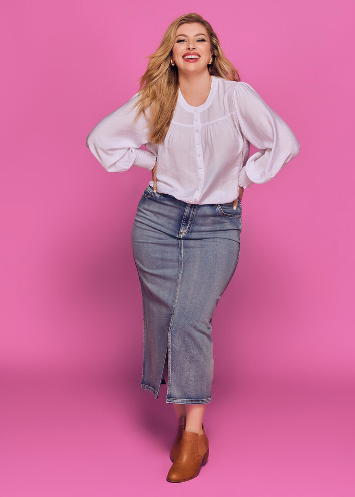 Cotton Blend Denim Skirt, , hi-res
