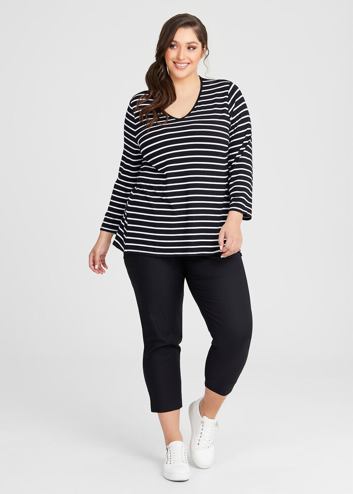 Bamboo Stripe V-neck Long Sleeve Day Top, BLACK/WHITE STRIPE, hi-res