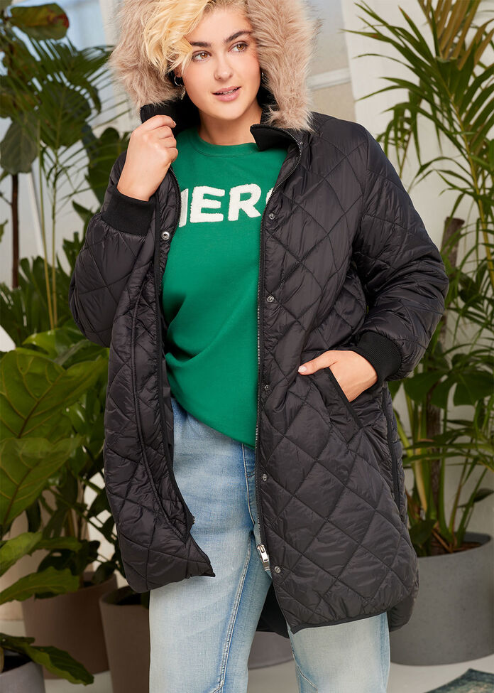 Shop Plus Size Quilted Hooded Jacket in Black Taking Shape AU