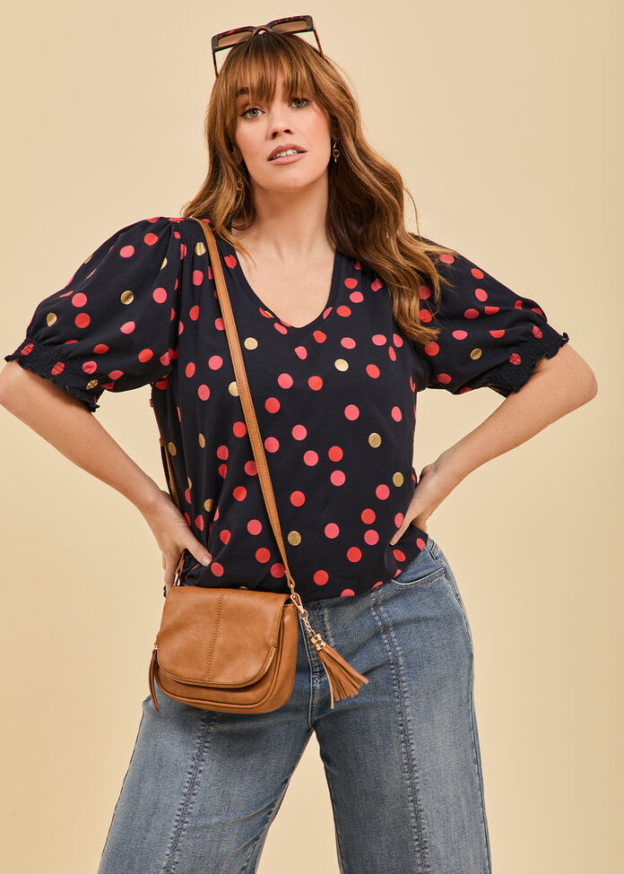 Cotton Shirred Sleeve Spot Top, , hi-res