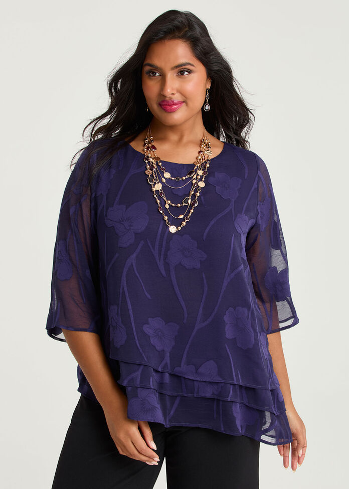Floral Jacquard Chiffon Blouse, , hi-res