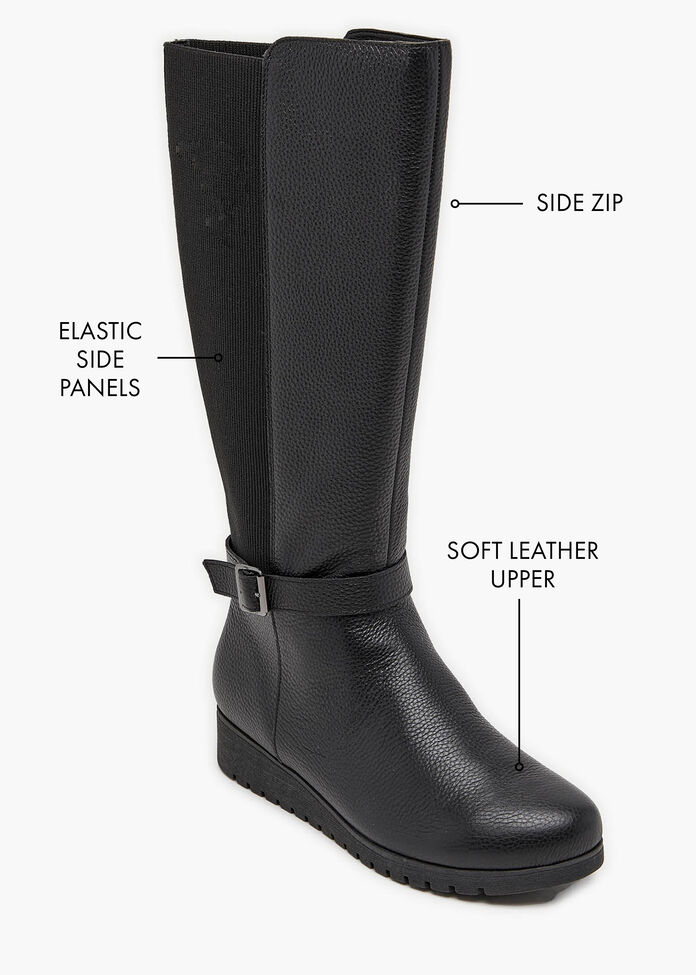 Shop Black Leather Knee High Wedge Boot Comfortable Shoes
