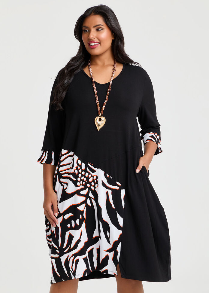 Spliced Tulip Natural Dress, BLACK PRINT, hi-res