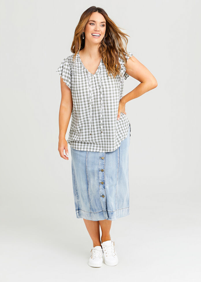 Shop Plus Size Cotton Midi Denim Spliced Skirt in Blue | Taking Shape AU