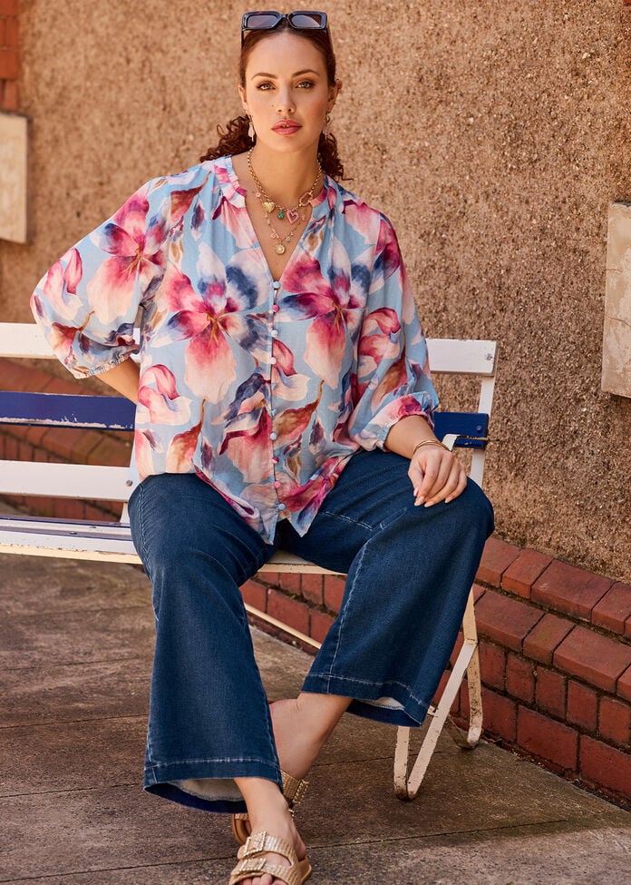 Cotton Mix Button Wide Leg Jean, , hi-res