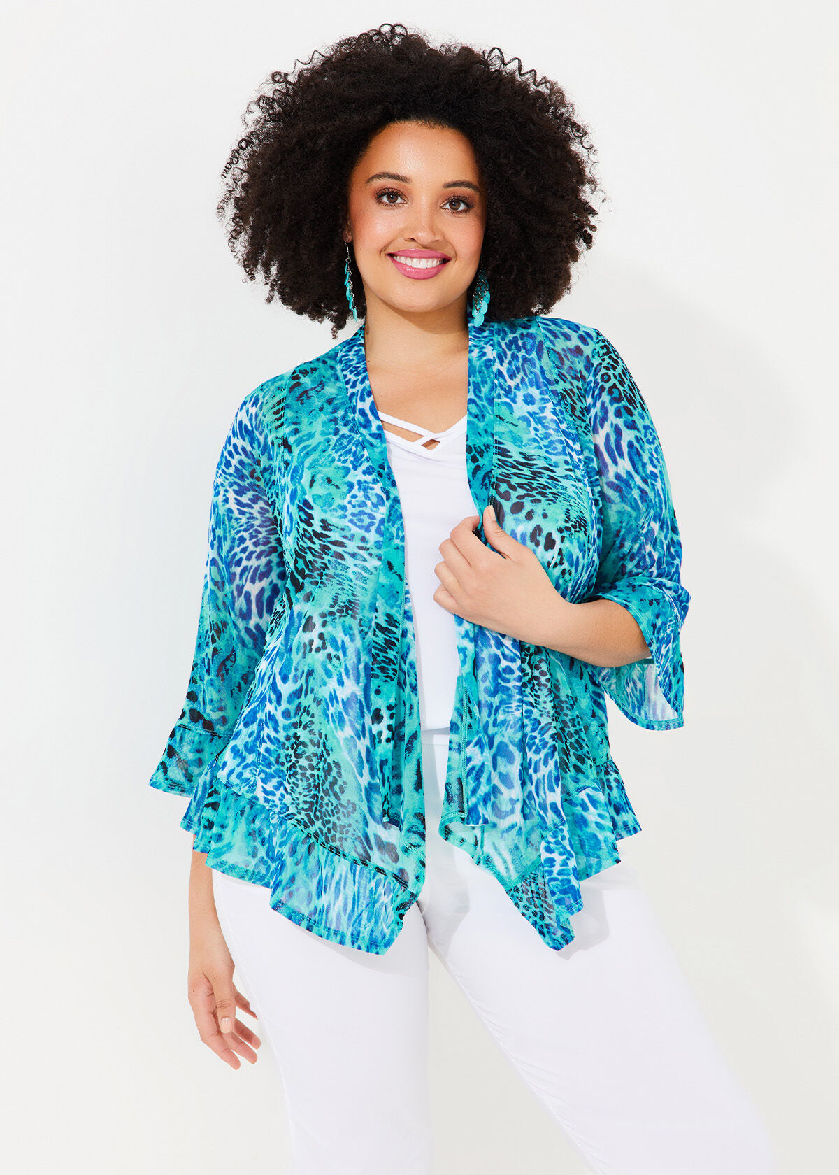 Shop Plus Size Mesh Ruffle Trim Cardigan in Blue Taking Shape AU