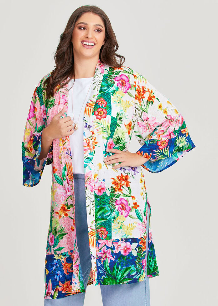 Natural Patchwork Floral Kimono, , hi-res