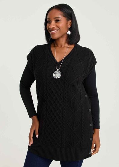 Plus Size Cable Knit V-neck Button Tunic