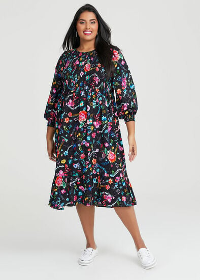 Plus Size Natural Shirred Floral Dress