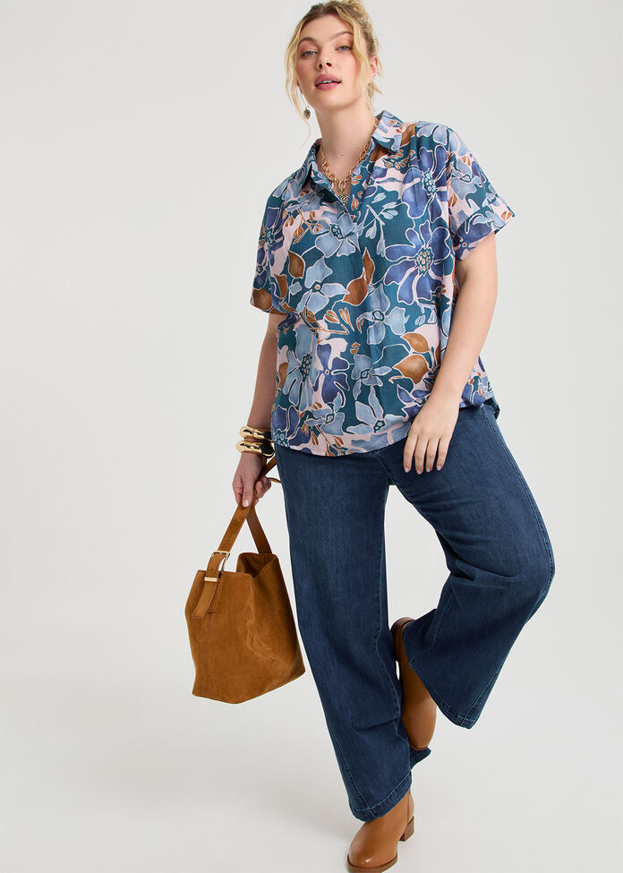 Cotton Floral Collared Top, , hi-res