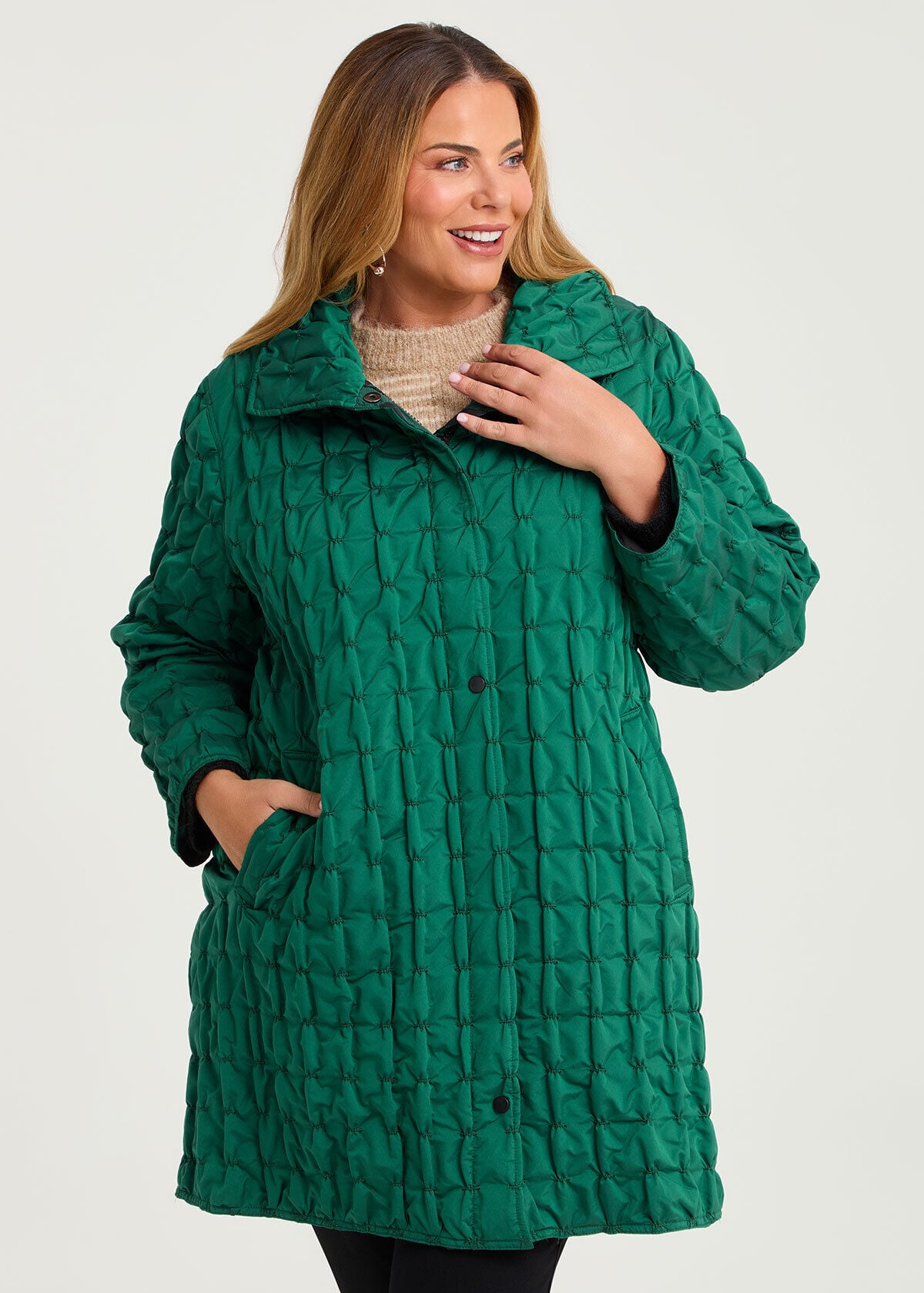 Shop Plus Size Pinch Tuck Taffeta Reversible Coat, Green | Taking