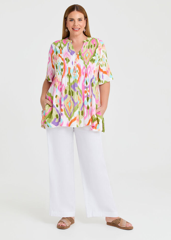 Zoe Zip Neck Ikat Natural Top, , hi-res