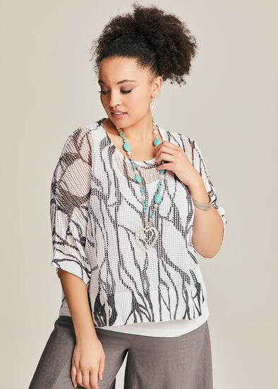 Plus Size Brush Print Pointelle Knit Over Top