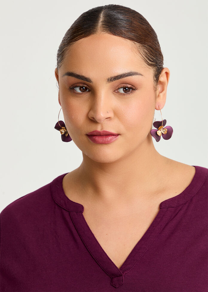 2 Petal Drop Hoop Earrings, , hi-res