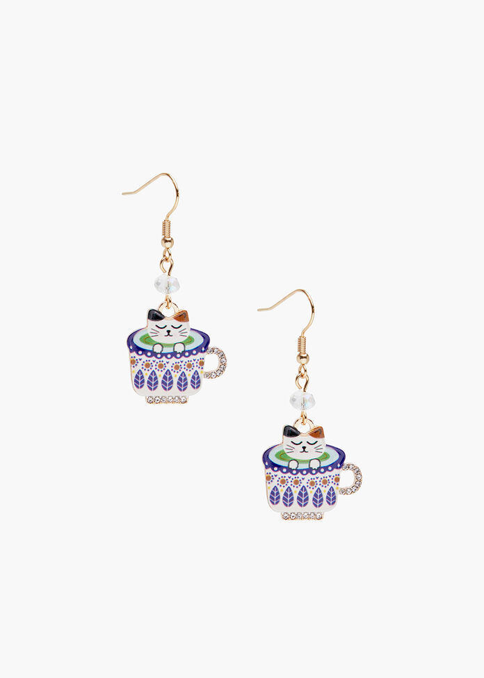 Cat In Tea Cup Earrings, , hi-res