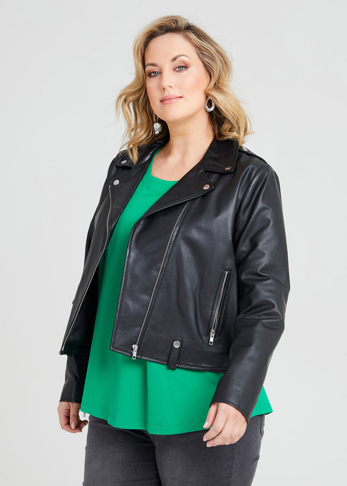 Shop Plus Size Leather Biker Zip Jacket in Black Taking Shape AU