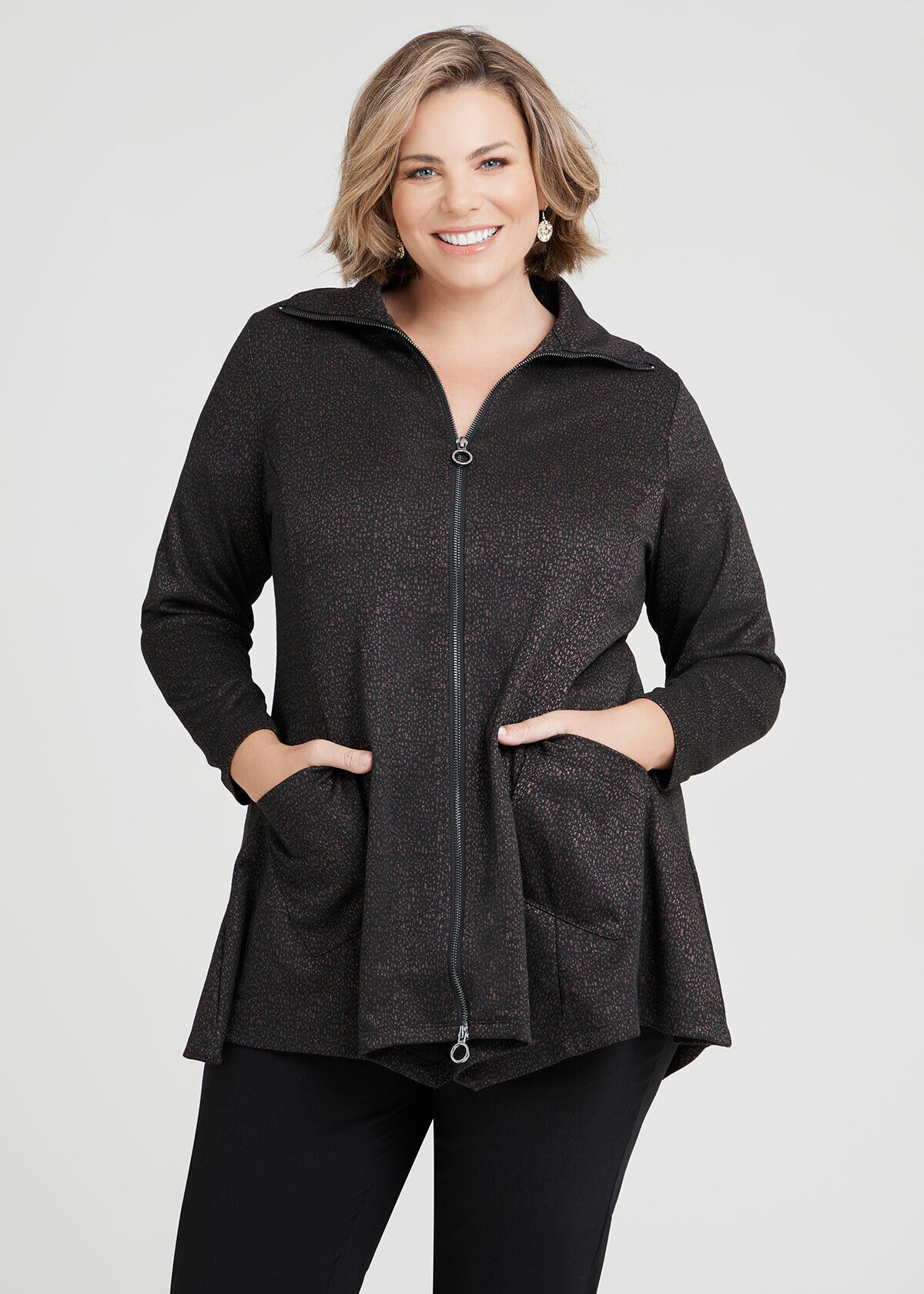 Shop Plus Size Zip Up Fit Flare Knit Jacket in Black Taking Shape AU