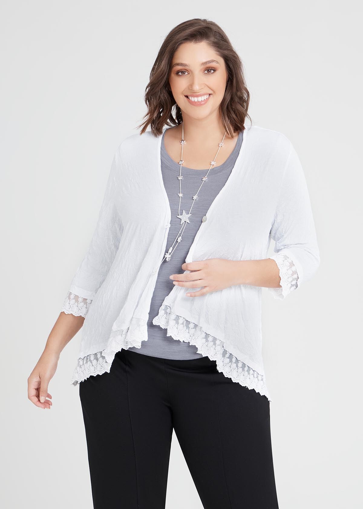Shop Plus Size Bamboo Lace Trim Cardigan in White Taking Shape NZ