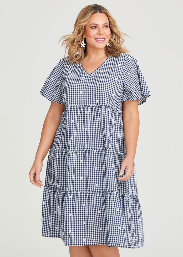 Cotton Gingham Embroidery Dress, , hi-res