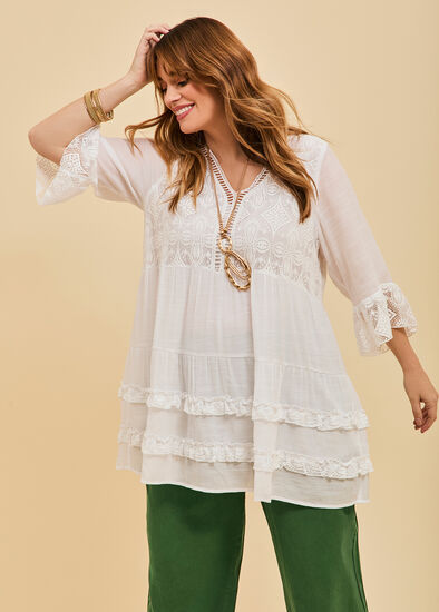 Plus Size Lace Trim Tiered V-neck Tunic