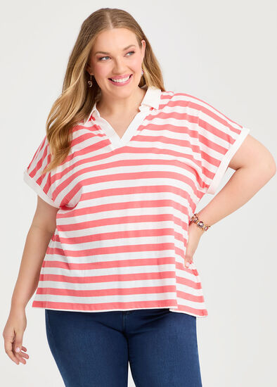 Plus Size Cotton Stripe Polo Top