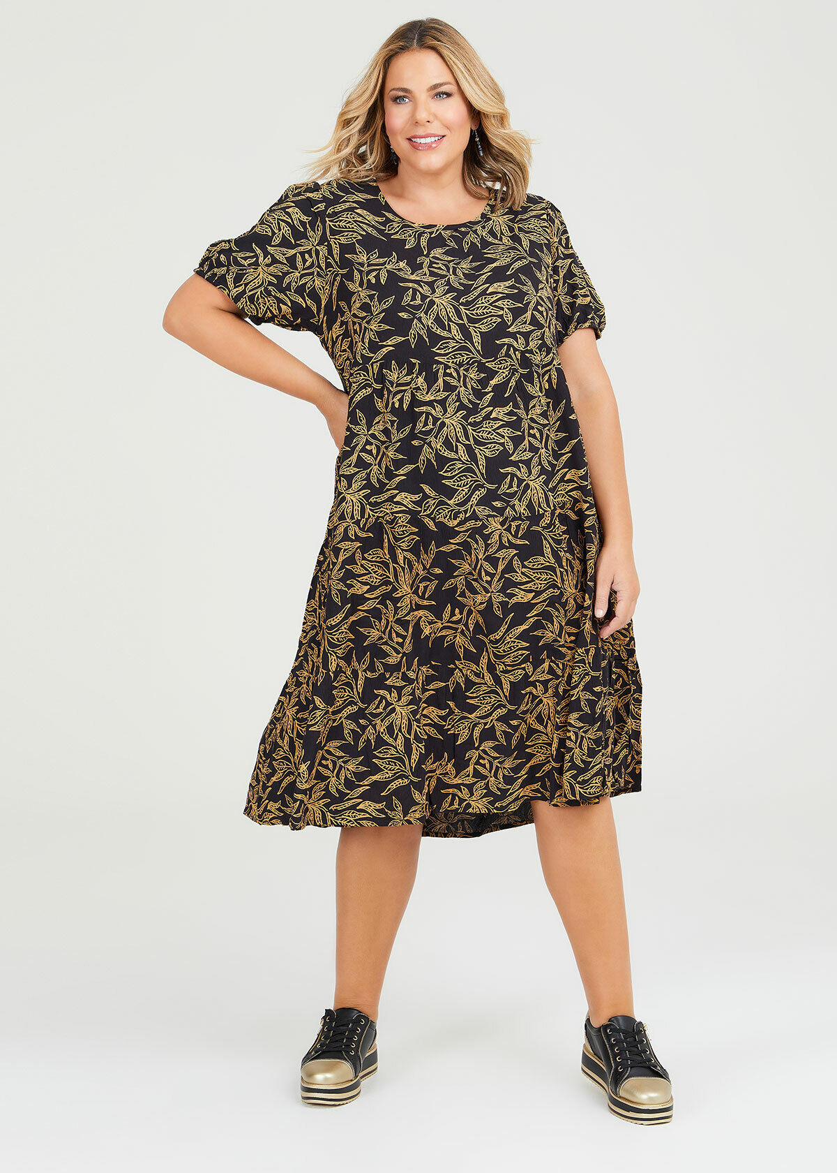 Shop Plus Size Natural Golden Tiered Dress in Multi Taking Shape AU