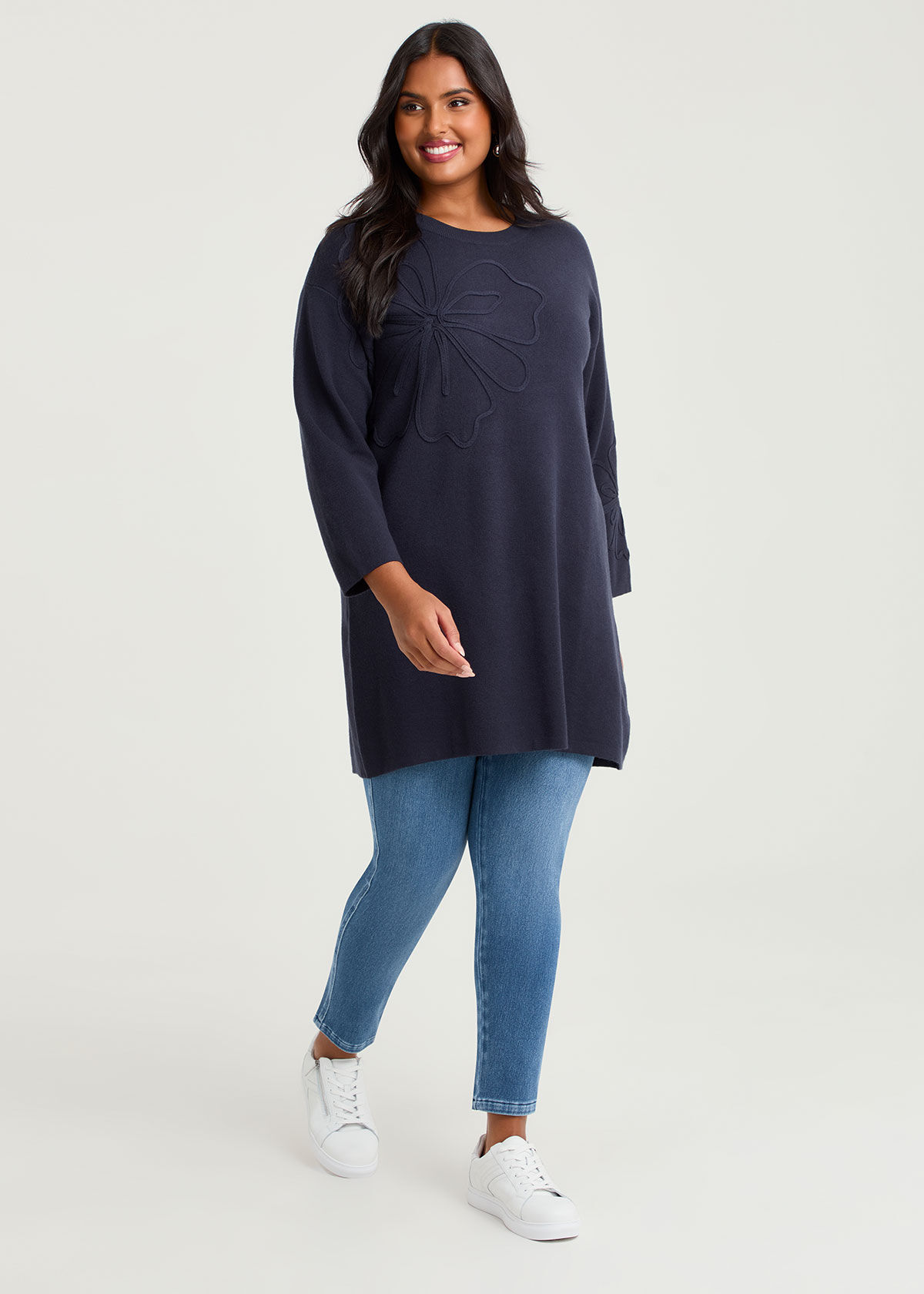 Shop Plus Size Flower Applique Knit Tunic, Navy | Taking Shape AU