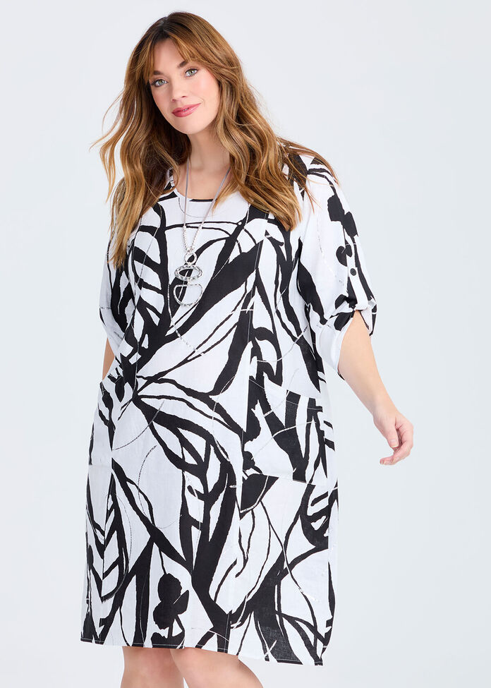 Graphic Linen Bamboo Tulip Dress, , hi-res