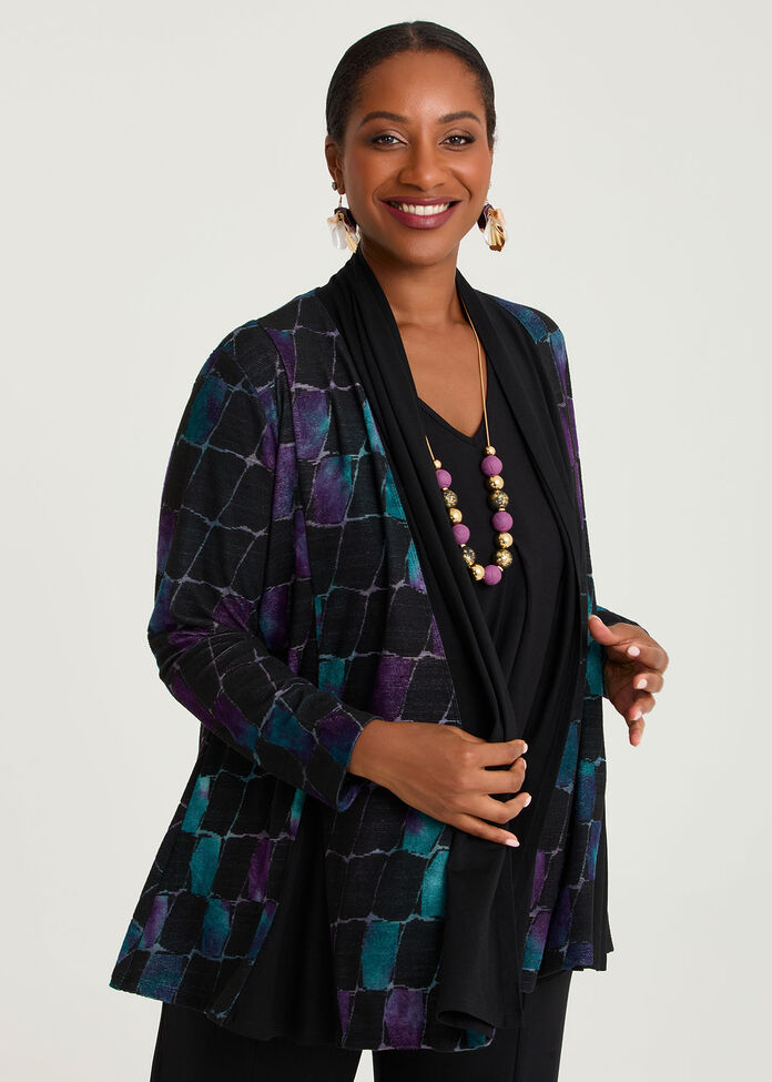 Spliced Burnout Cardigan, BLACK SQUARE PRINT, hi-res