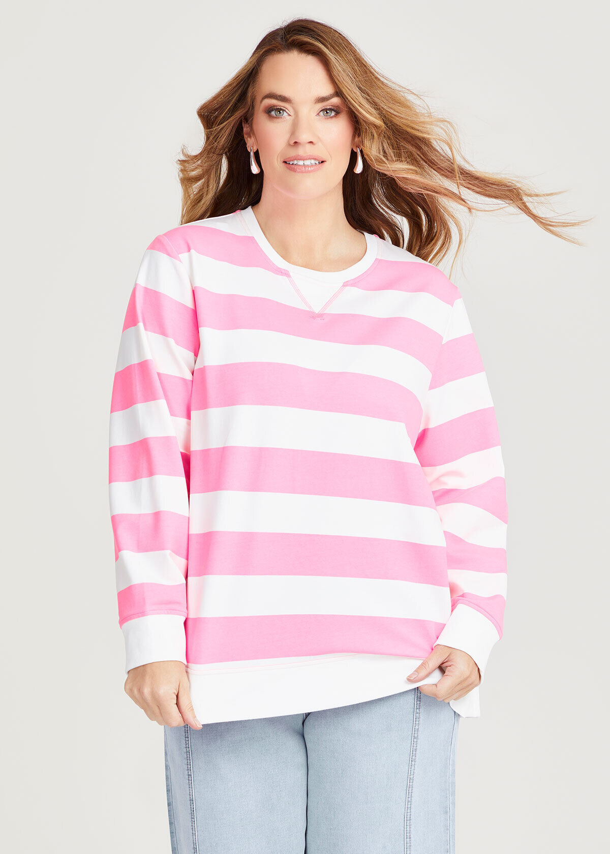 Shop Plus Size Cotton Neon Stripe Sweatshirt in Red Taking Shape NZ
