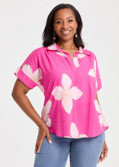 Plus Size Cotton Collared Flower Top