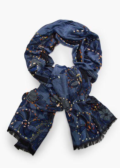 Blue Flower Embroidered Scarf
