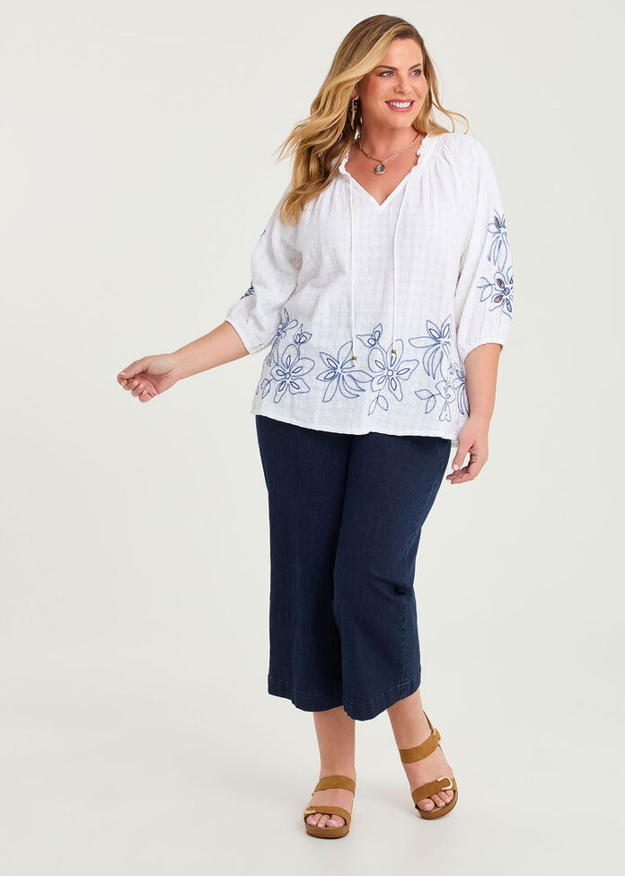 Cotton Blend Dobby Embroidery Top, , hi-res