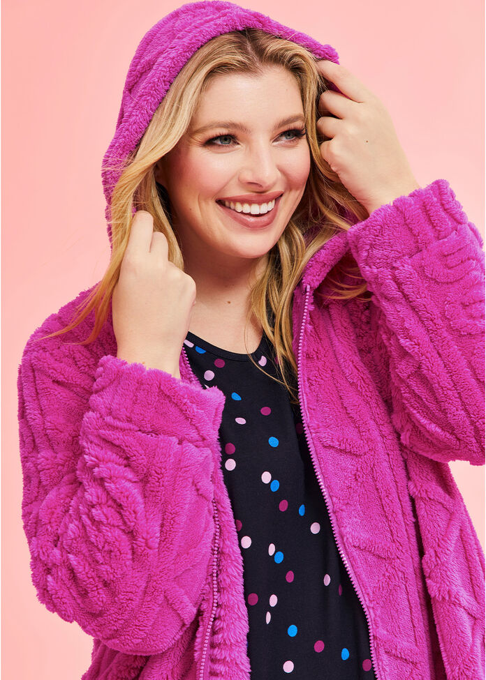 Shop Plus Size Plush Hooded Zip Up Robe in Purple Sizes 1230